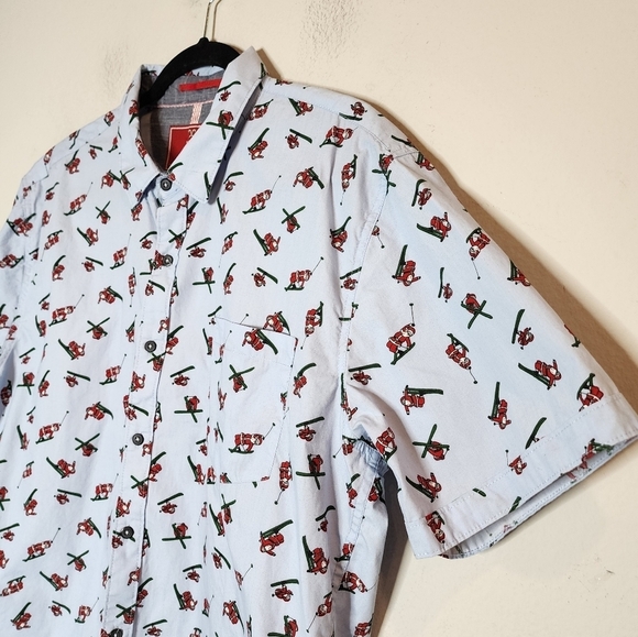 MBX skiing santa short sleeve button down shirt. Blue/Red. - Picture 7 of 16